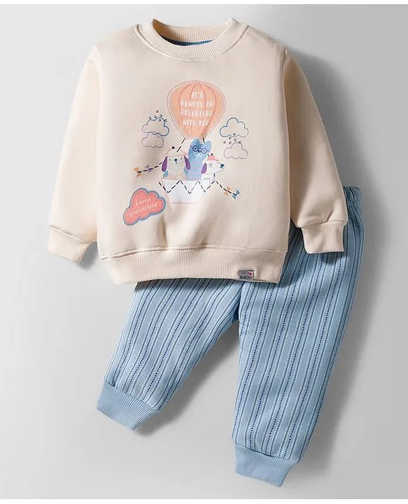 Teddy Fleece Knit Full Sleeves Winter Wear Suit Set With Dog Print - Light Blue & Cream